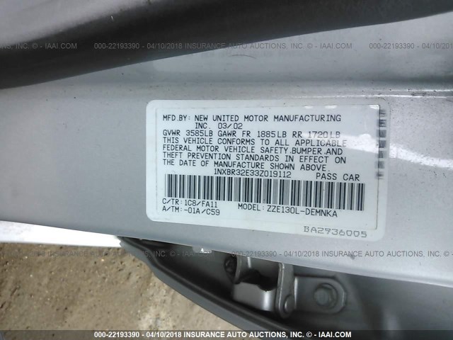 1NXBR32E33Z019112 - 2003 TOYOTA COROLLA CE/LE/S SILVER photo 9