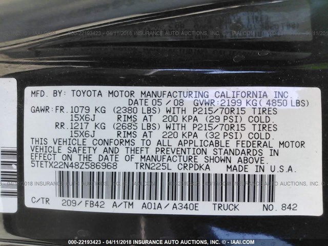 5TETX22N48Z586968 - 2008 TOYOTA TACOMA ACCESS CAB BLACK photo 9