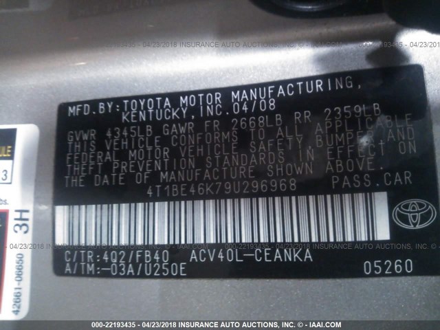 4T1BE46K79U296968 - 2009 TOYOTA CAMRY SE/LE/XLE 金色 照片 9