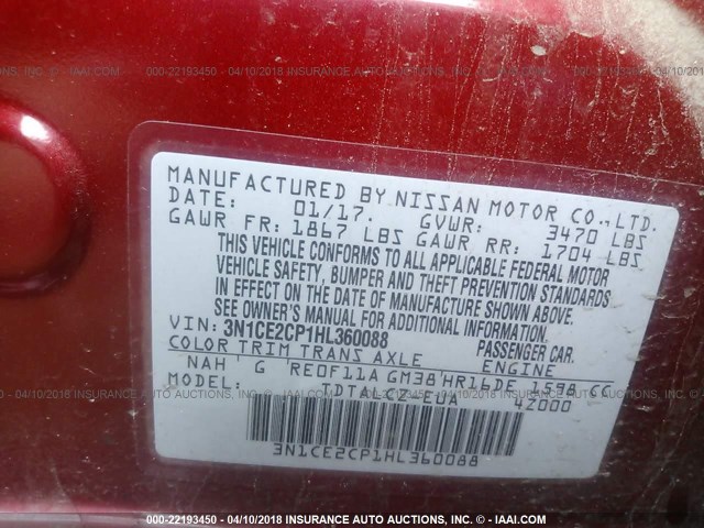 3N1CE2CP1HL360088 - 2017 NISSAN VERSA NOTE S/S PLUS/SV/SL/SR RED photo 9