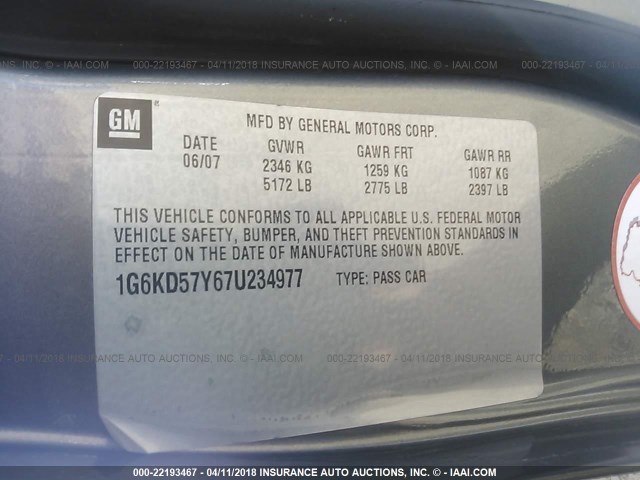 1G6KD57Y67U234977 - 2007 CADILLAC DTS GRAY photo 9