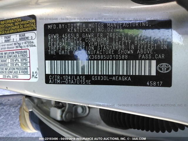 4T1BK36B85U010588 - 2005 TOYOTA AVALON XL/XLS/TOURING/LIMITED SILVER photo 9