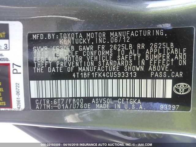4T1BF1FK4CU593313 - 2012 TOYOTA CAMRY SE/LE/XLE GRAY photo 9