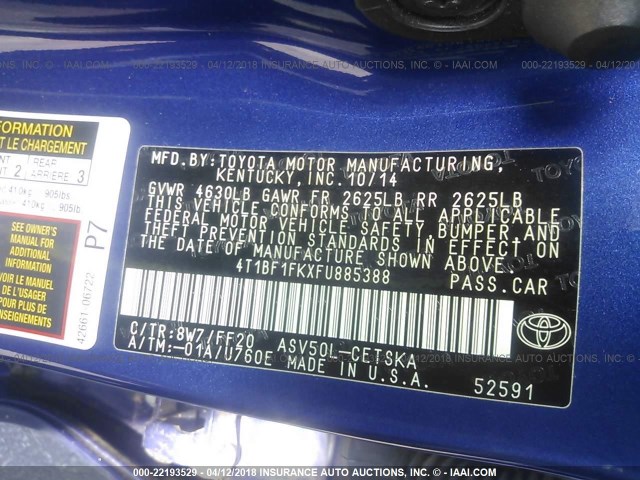 4T1BF1FKXFU885388 - 2015 TOYOTA CAMRY LE/XLE/SE/XSE BLUE photo 9