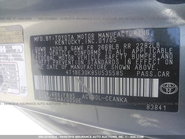 4T1BE30K85U535585 - 2005 TOYOTA CAMRY LE/XLE/SE 灰色 照片 9