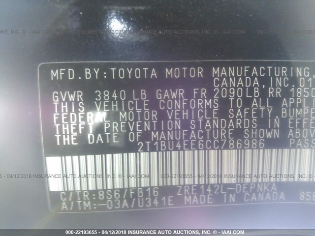 2T1BU4EE6CC786986 - 2012 TOYOTA COROLLA S/LE BLUE photo 9