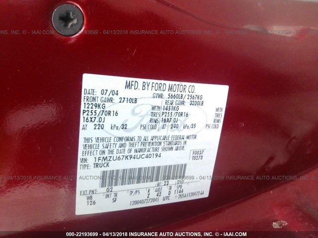 1FMZU67K94UC40194 - 2004 FORD EXPLORER SPORT TR  MAROON photo 9