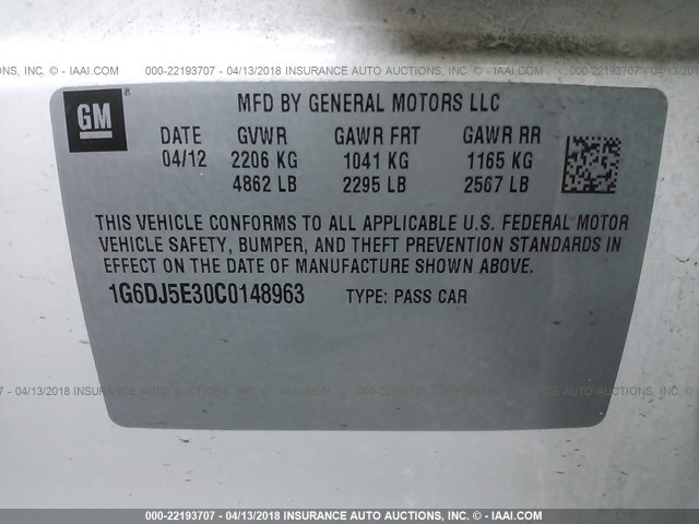 1G6DJ5E30C0148963 - 2012 CADILLAC CTS PERFORMANCE COLLECTION Белый фото 9