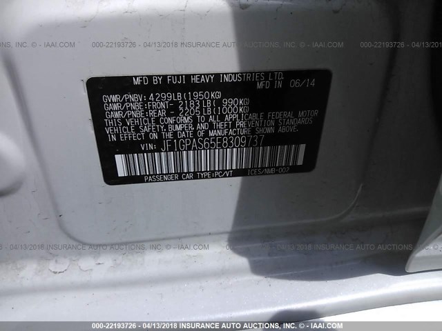 JF1GPAS65E8309737 - 2014 SUBARU IMPREZA SPORT LIMITED WHITE photo 9