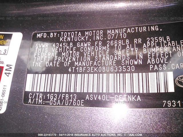 4T1BF3EK0BU633530 - 2011 TOYOTA CAMRY SE/LE/XLE 灰色 照片 9