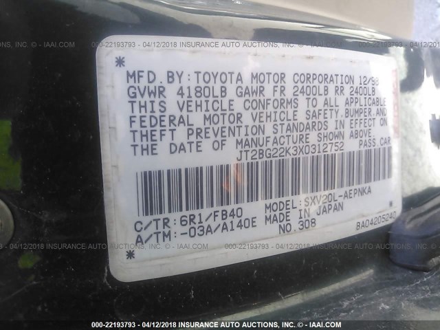 JT2BG22K3X0312752 - 1999 TOYOTA CAMRY LE/XLE მწვანე ფოტო 9