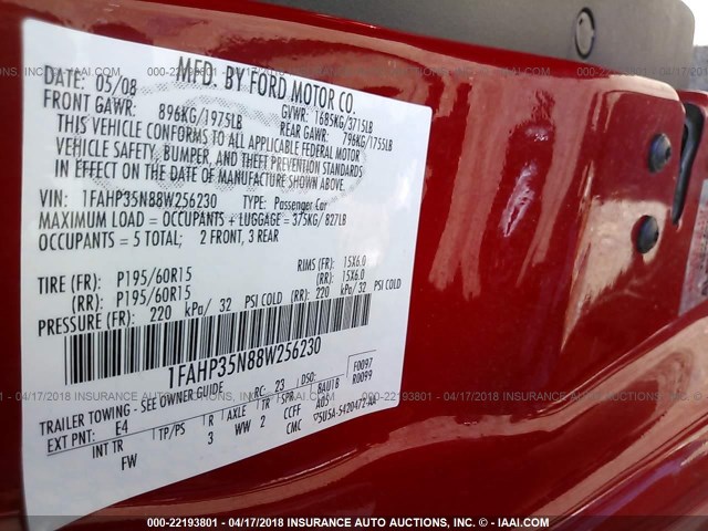 1FAHP35N88W256230 - 2008 FORD FOCUS SE/SEL/SES RED photo 9