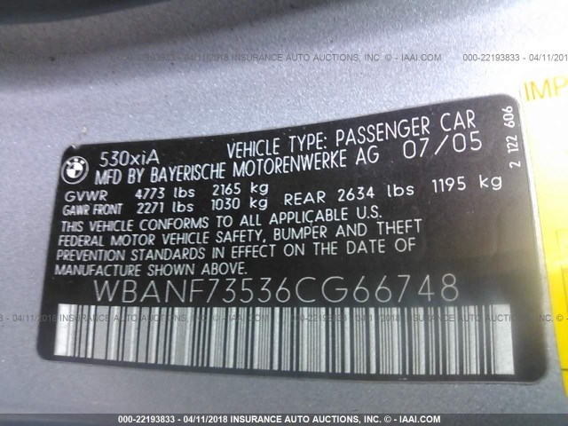 WBANF73536CG66748 - 2006 BMW 530 XI Сұр фото 9