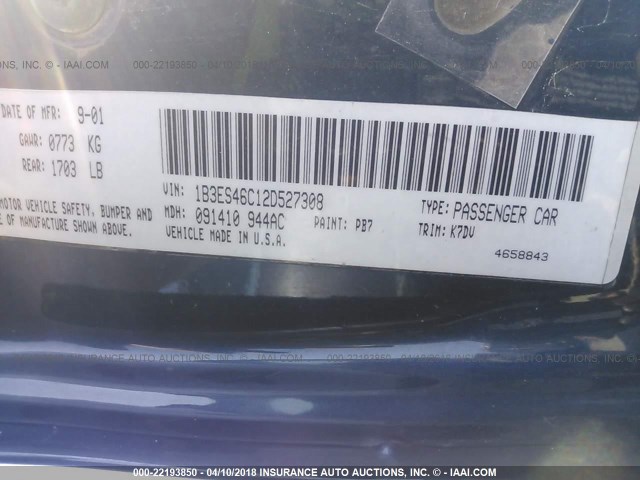 1B3ES46C12D527308 - 2002 DODGE NEON SE Dark Blue photo 9