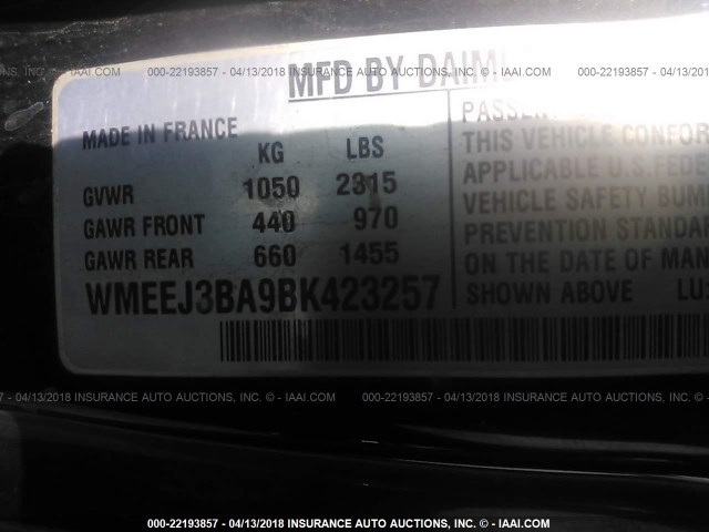 WMEEJ3BA9BK423257 - 2011 SMART FORTWO PURE/PASSION SILVER photo 9