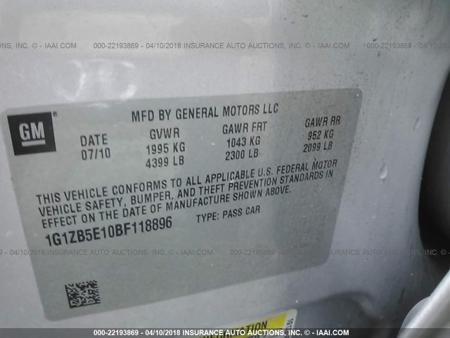 1G1ZB5E10BF118896 - 2011 CHEVROLET MALIBU LS SILVER photo 9