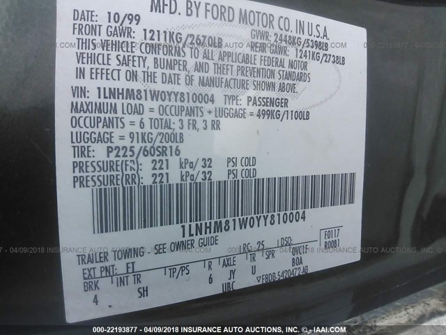 1LNHM81W0YY810004 - 2000 LINCOLN TOWN CAR EXECUTIVE Зеленый фото 9