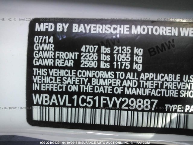 WBAVL1C51FVY29887 - 2015 BMW X1 XDRIVE28I 白色 照片 9