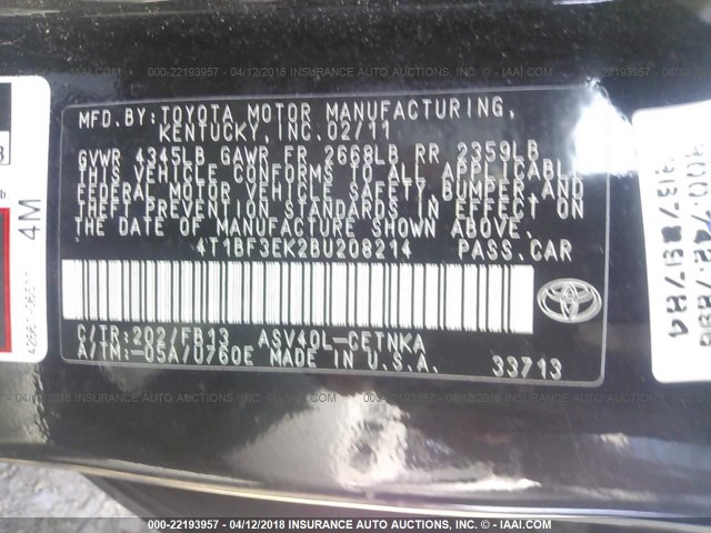 4T1BF3EK2BU208214 - 2011 TOYOTA CAMRY SE/LE/XLE 黑色 照片 9