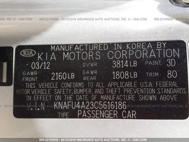 KNAFU4A23C5616186 - 2012 KIA FORTE EX SILVER photo 9