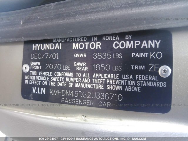 KMHDN45D32U336710 - 2002 HYUNDAI ELANTRA GLS/GT TAN photo 9