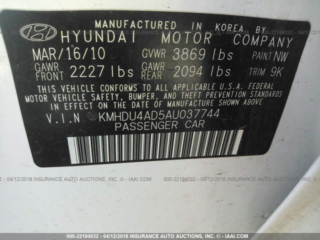 KMHDU4AD5AU037744 - 2010 HYUNDAI ELANTRA BLUE/GLS/SE WHITE photo 9