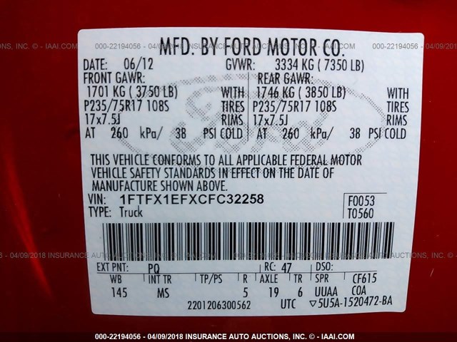 1FTFX1EFXCFC32258 - 2012 FORD F150 SUPER CAB RED photo 9