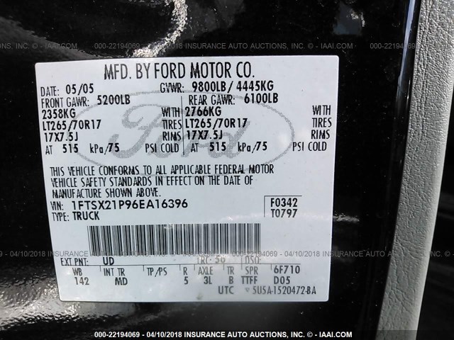 1FTSX21P96EA16396 - 2006 FORD F250 SUPER DUTY BLACK photo 9