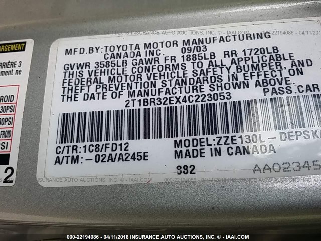 2T1BR32EX4C223053 - 2004 TOYOTA COROLLA CE/LE/S SILVER photo 9