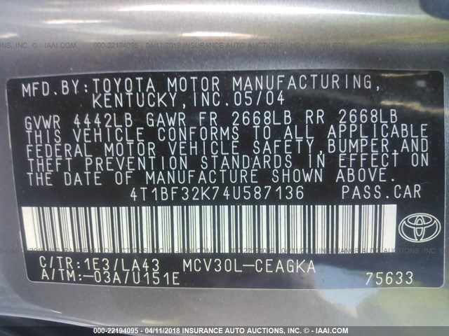 4T1BF32K74U587136 - 2004 TOYOTA CAMRY LE/XLE/SE GRAY photo 9