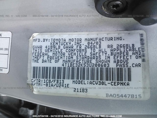 4T1BE32K53U200603 - 2003 TOYOTA CAMRY LE/XLE/SE SILVER photo 9