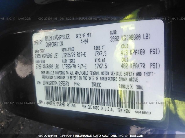 1D7KU28D54J265373 - 2004 DODGE RAM 2500 ST/SLT 黑色 照片 9