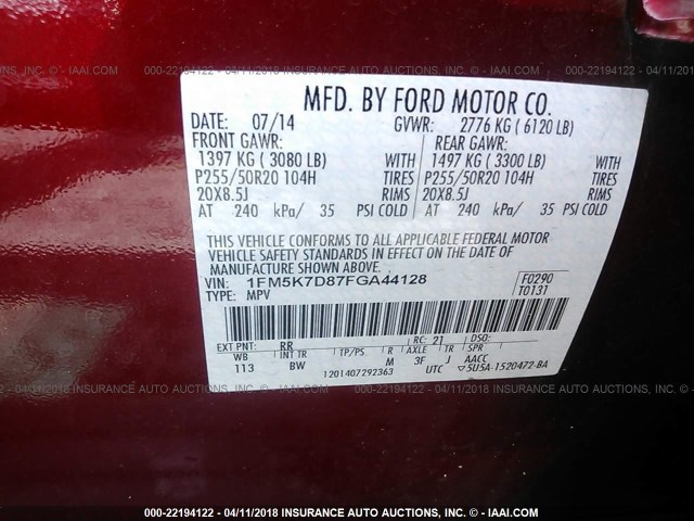 1FM5K7D87FGA44128 - 2015 FORD EXPLORER XLT RED photo 9