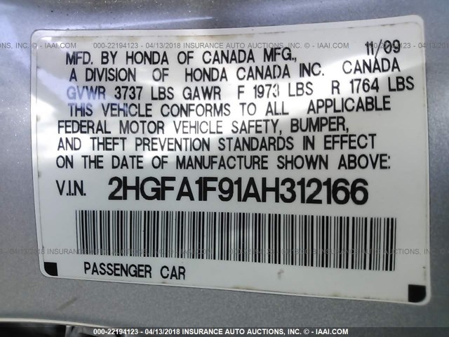 2HGFA1F91AH312166 - 2010 HONDA CIVIC EXL 银色 照片 9