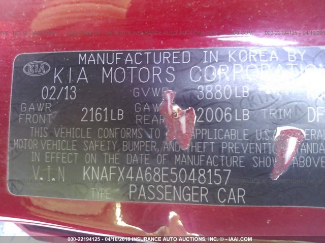 KNAFX4A68E5048157 - 2014 KIA FORTE LX RED photo 9