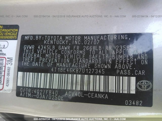 4T1BE46K87U127345 - 2007 TOYOTA CAMRY NEW GENERAT CE/LE/XLE/SE TAN photo 9