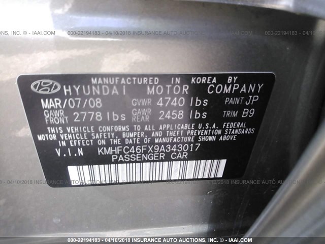 KMHFC46FX9A343017 - 2009 HYUNDAI AZERA SE/LIMITED TAN photo 9