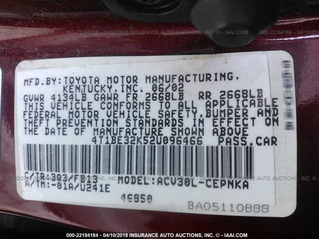 4T1BE32K52U096466 - 2002 TOYOTA CAMRY LE/XLE/SE წითელი ფოტო 9