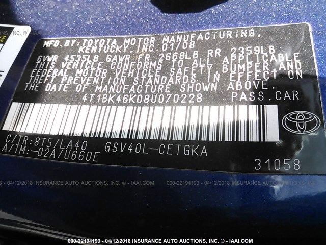 4T1BK46K08U070228 - 2008 TOYOTA CAMRY LE/XLE/SE ლურჯი ფოტო 9