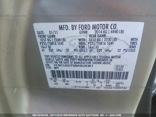 1FMCU0D79BKB35361 - 2011 FORD ESCAPE XLT GOLD photo 9