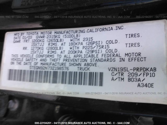 5TEGN92N73Z198576 - 2003 TOYOTA TACOMA DOUBLE CAB PRERUNNER BLACK photo 9