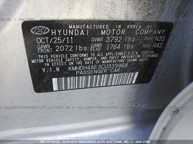 KMHDH4AE3CU339968 - 2012 HYUNDAI ELANTRA GLS/LIMITED SILVER photo 9