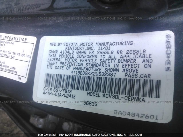 4T1BE32KX2U532387 - 2002 TOYOTA CAMRY LE/XLE/SE GRAY photo 9