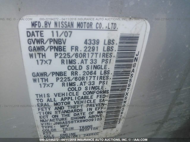 JN8AS58TX8W009103 - 2008 NISSAN ROGUE S/SL SILVER photo 9