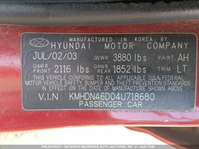 KMHDN46D04U718680 - 2004 HYUNDAI ELANTRA GLS/GT RED photo 9