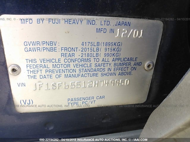 JF1SF65512H749950 - 2002 SUBARU FORESTER S BLUE photo 9