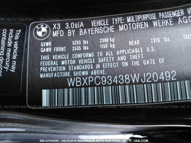 WBXPC93438WJ20492 - 2008 BMW X3 3.0SI BLACK photo 9