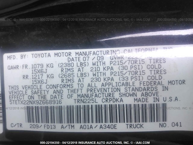 5TETX22NX9Z668916 - 2009 TOYOTA TACOMA ACCESS CAB Қара фото 9