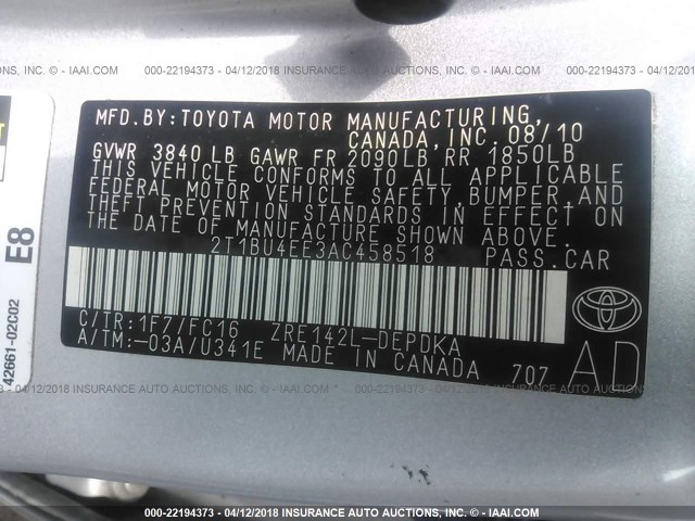 2T1BU4EE3AC458518 - 2010 TOYOTA COROLLA S/LE/XLE SILVER photo 9