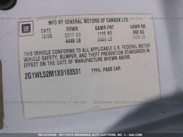 2G1WL52M1X9183531 - 1999 CHEVROLET LUMINA LS WHITE photo 9